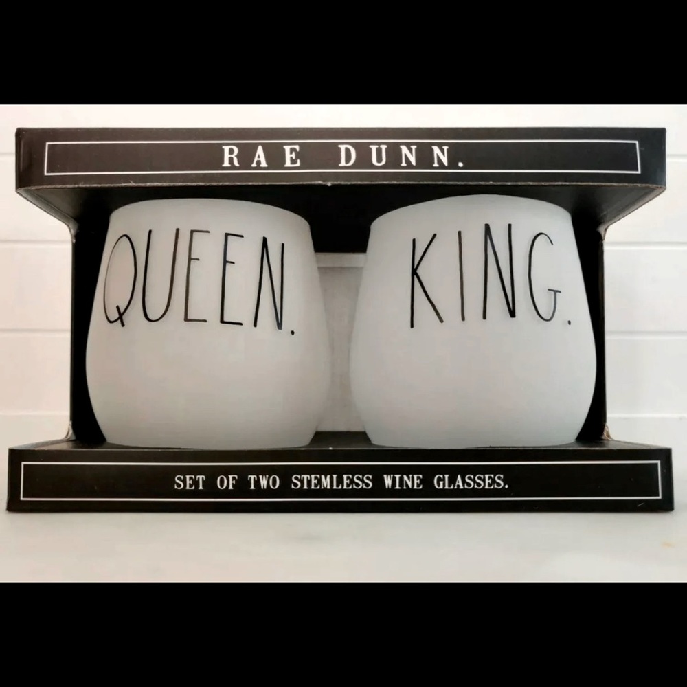 Rae Dunn Queen and King Stemless Wine Glasses